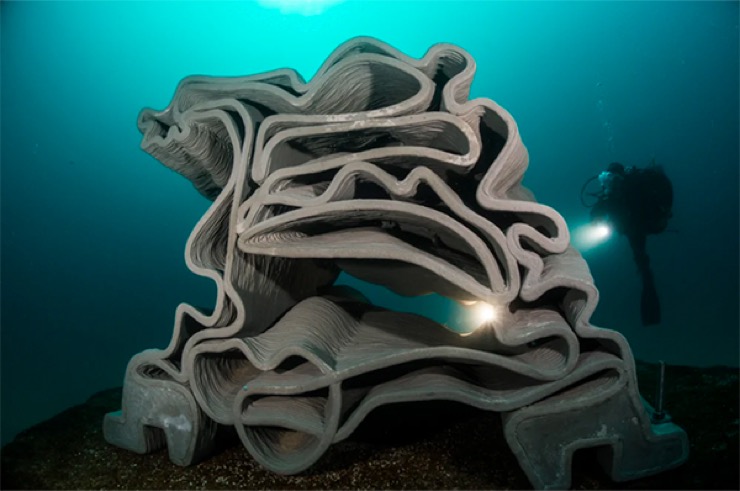 A 3D printed reef showing complex composition, in situe underwater with a diver.