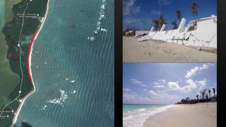 Pictures of walls that did and did not have protection from a reef alog with an eroded coastline.