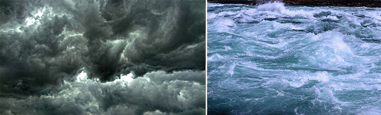 Turbulent stormy sky alongside tubulent sea water